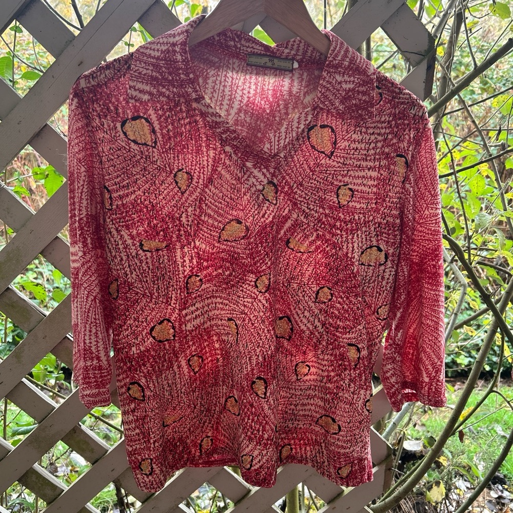 Vtg Inspired Red Fern Sparkle Knit Blouse S/M